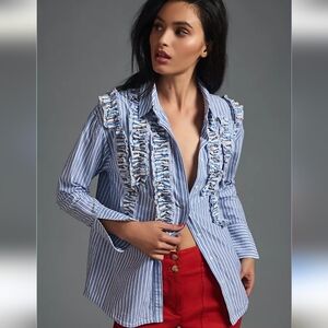 Anthropologie Maeve Women’s Blouse Blue White Striped Ruffle Button Down Small